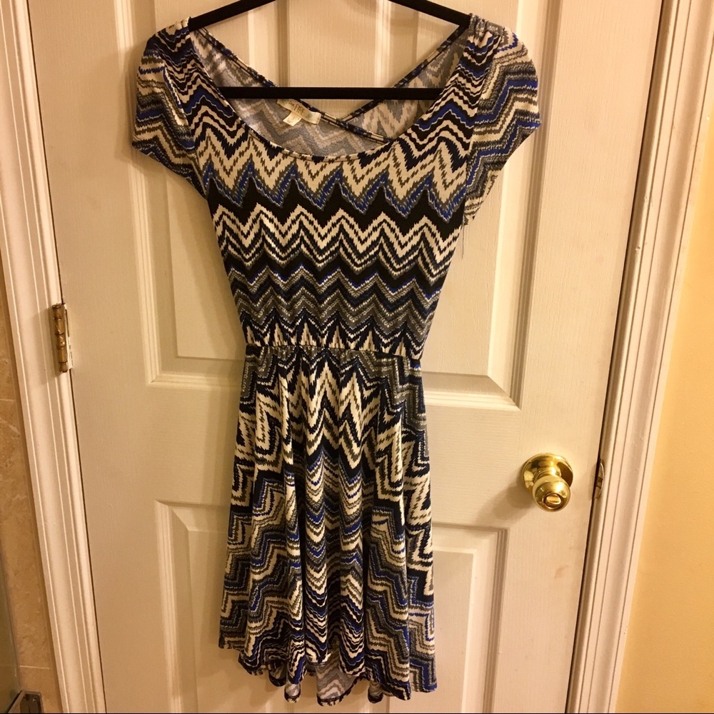 Blue white and gray patterned dress